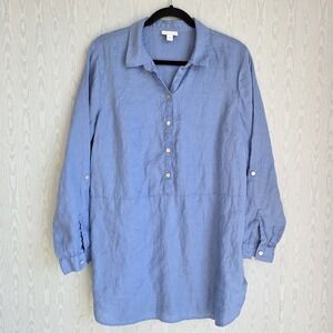 J Jill Love Linen Womens L Shirt Tunic Long Sleeve 1/2 Button Down Blue Pockets‎